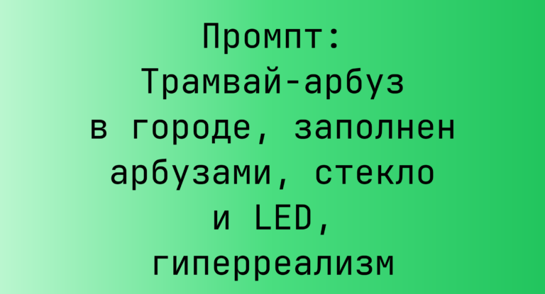 Промпт: Трамвай-арбуз в городе, заполнен арбузами, стекло и LED, гиперреализм