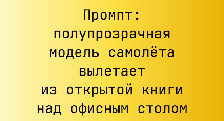 Промпт: полупрозрачная модель самолета вылетает из открытой книги над офисным столом