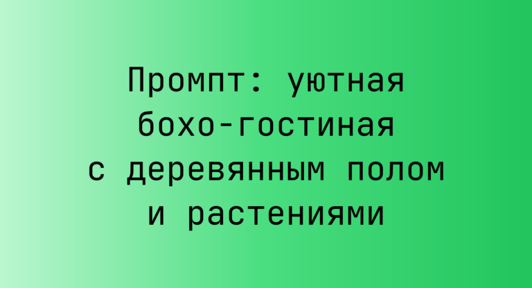 Промпт: уютная бохо-гостиная с деревянным полом и растениями