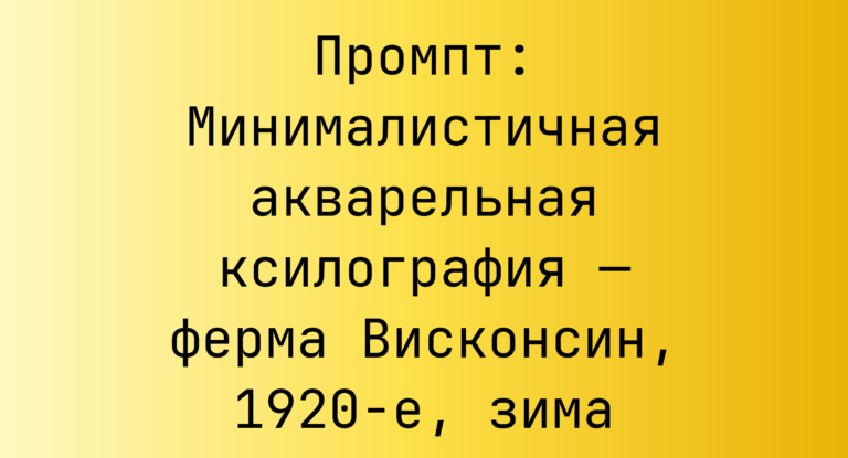 Промпт: Минималистичная акварельная ксилография — ферма Висконсин, 1920-е, зима