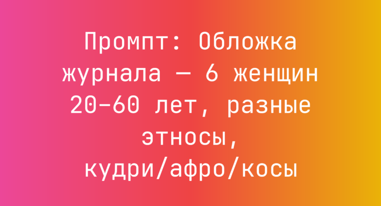 Промпт: Обложка журнала — 6 женщин 20–60 лет, разные этносы, кудри/афро/косы