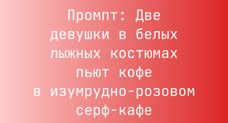 Промпт: Две девушки в белых лыжных костюмах пьют кофе в изумрудно-розовом серф-кафе