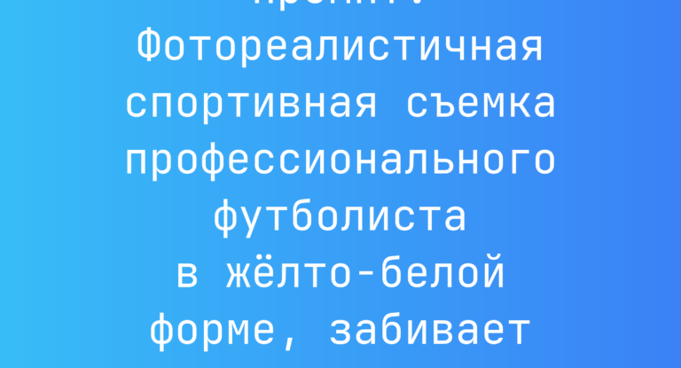 Промпт: Фотореалистичная спортивная съемка профессионального футболиста в желто-белой форме, забивает гол