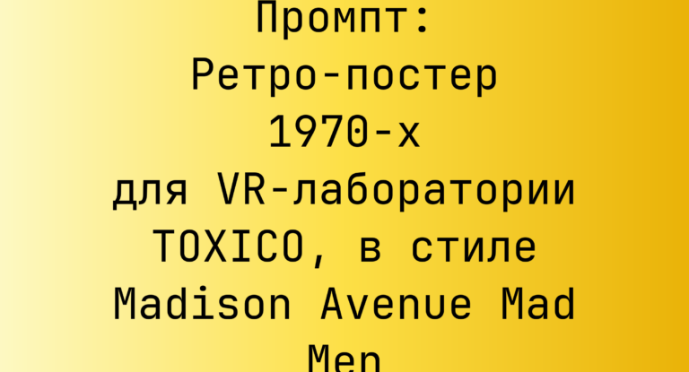 Промпт: Ретро-постер 1970-х для VR-лаборатории TOXICO, в стиле Madison Avenue Mad Men