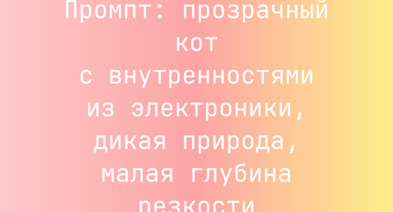 Промпт: прозрачный кот с внутренностями из электроники, дикая природа, малая глубина резкости