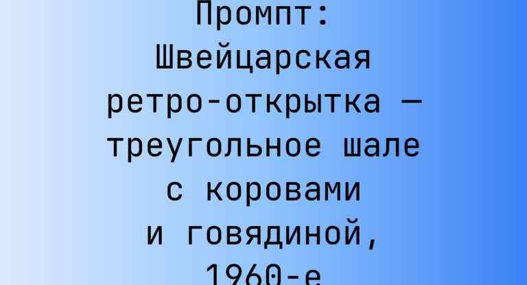 Промпт: Швейцарская ретро-открытка — треугольное шале с коровами и говядиной, 1960-е