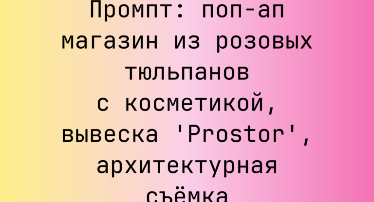 Промпт: поп‑ап магазин из розовых тюльпанов с косметикой, вывеска ‘Prostor’, архитектурная съемка