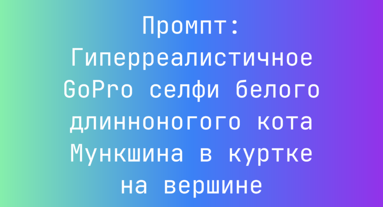 Промпт: Гиперреалистичное GoPro селфи белого длинноногого кота Мункшина в куртке на вершине