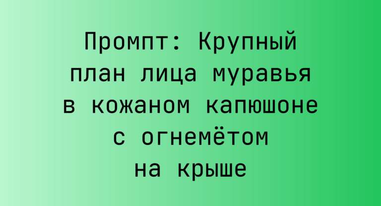 Промпт: Крупный план лица муравья в кожаном капюшоне с огнеметом на крыше