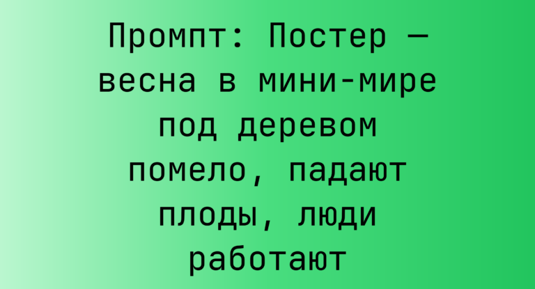 Промпт: Постер — весна в мини-мире под деревом помело, падают плоды, люди работают