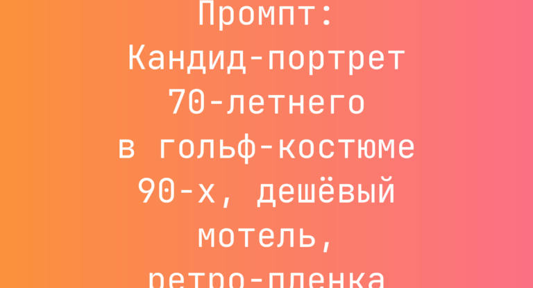 Промпт: Кандид‑портрет 70-летнего в гольф‑костюме 90-х, дешевый мотель, ретро‑пленка