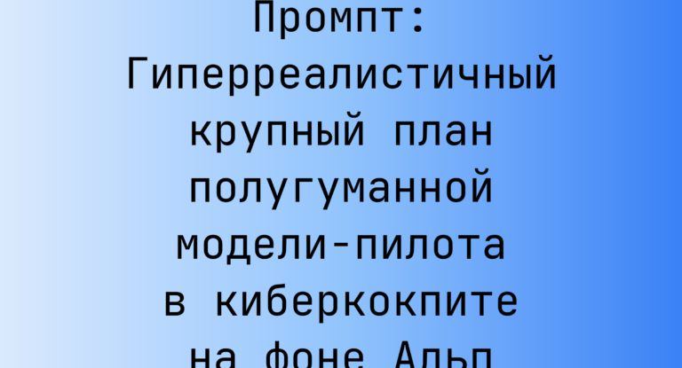 Промпт: Гиперреалистичный крупный план полугуманной модели-пилота в киберкокпите на фоне Альп