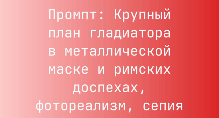 Промпт: Крупный план гладиатора в металлической маске и римских доспехах, фотореализм, сепия