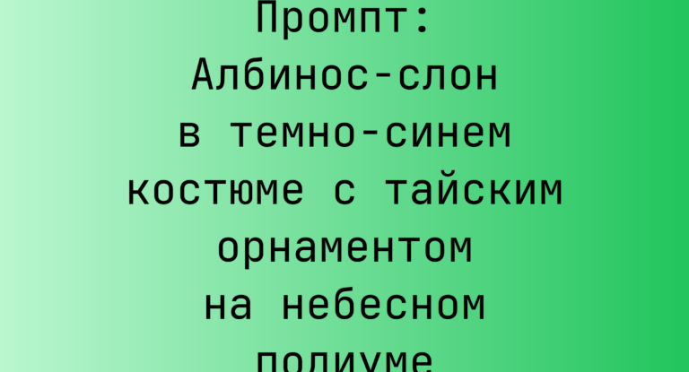 Промпт: Албинос-слон в темно-синем костюме с тайским орнаментом на небесном подиуме