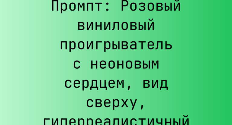 Промпт: Розовый виниловый проигрыватель с неоновым сердцем, вид сверху, гиперреалистичный
