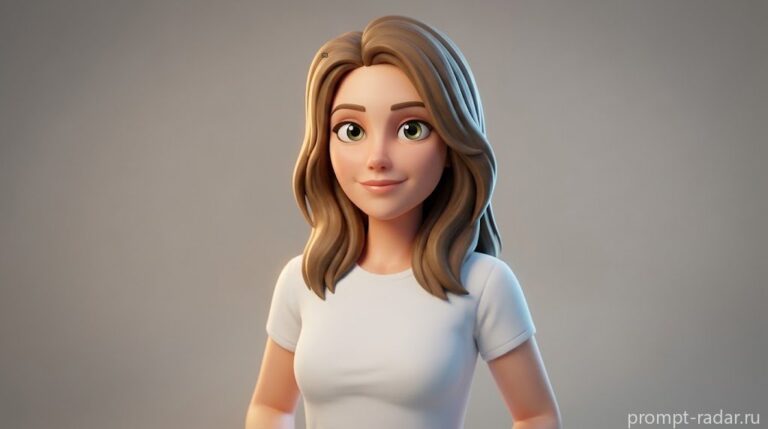 Промпт: Pixar-портрет 25-летней женщины, тщательно отполированные поверхности