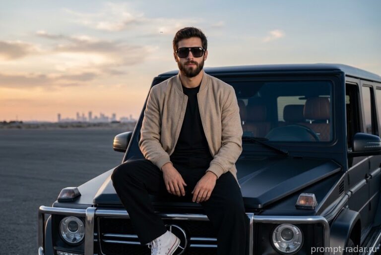 Промпт: Мужчина на капоте G-Wagon в сумерках