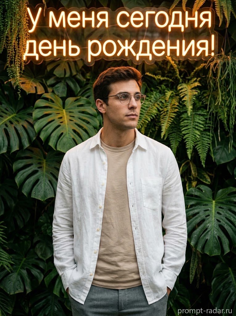 Промпт: Мужчина в очках на фоне монстеры и неона