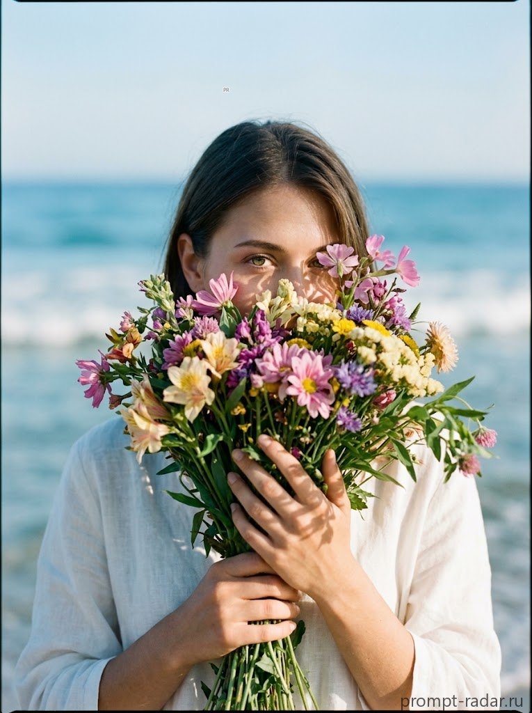 Промпт: Винтаж Kodak Portra, море и букет