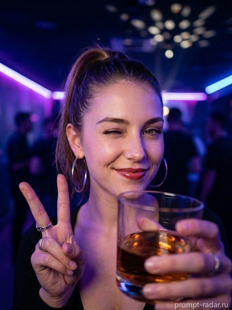 Промпт для портрета: подмигивающая девушка в неоне