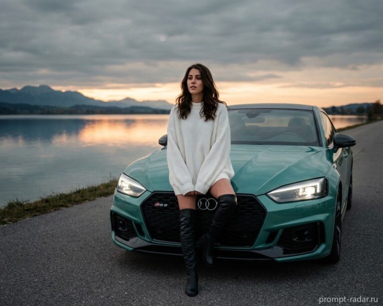 Промпт: кинематографичный портрет женщины у бирюзового Audi