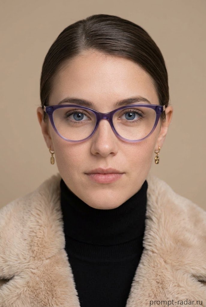 Промпт: Портрет женщины в фиолетовых cat-eye очках