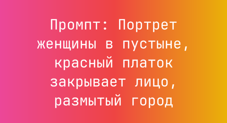 Промпт: Портрет женщины в пустыне, красный платок закрывает лицо, размытый город