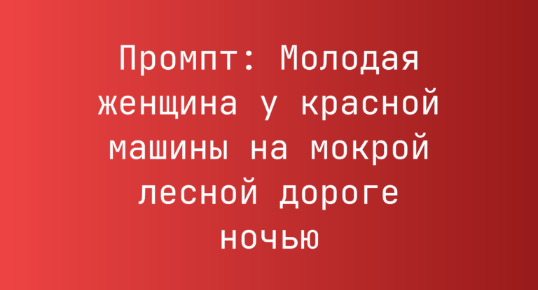 Промпт: Молодая женщина у красной машины на мокрой лесной дороге ночью