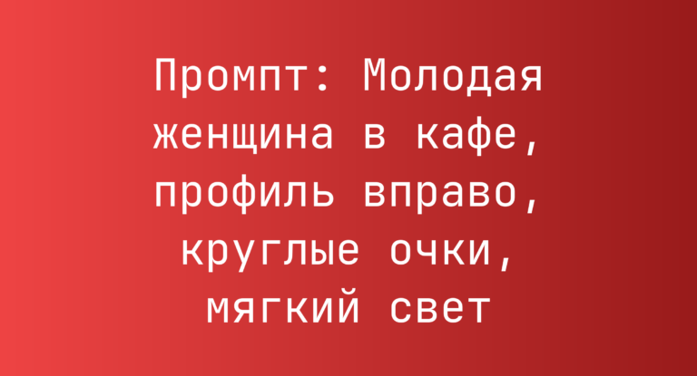Промпт: Молодая женщина в кафе, профиль вправо, круглые очки, мягкий свет