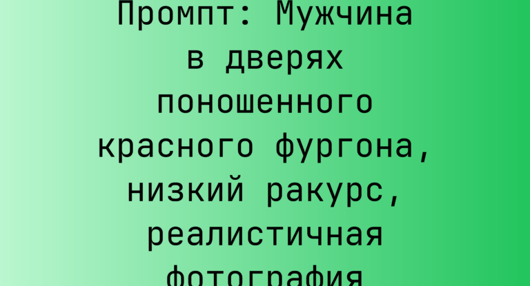 Промпт: Мужчина в дверях поношенного красного фургона, низкий ракурс, реалистичная фотография