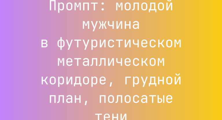 Промпт: молодой мужчина в футуристическом металлическом коридоре, грудной план, полосатые тени
