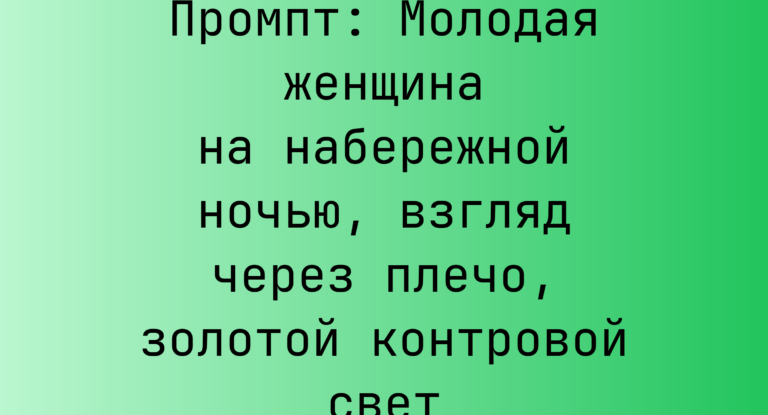Промпт: Молодая женщина на набережной ночью, взгляд через плечо, золотой контровой свет
