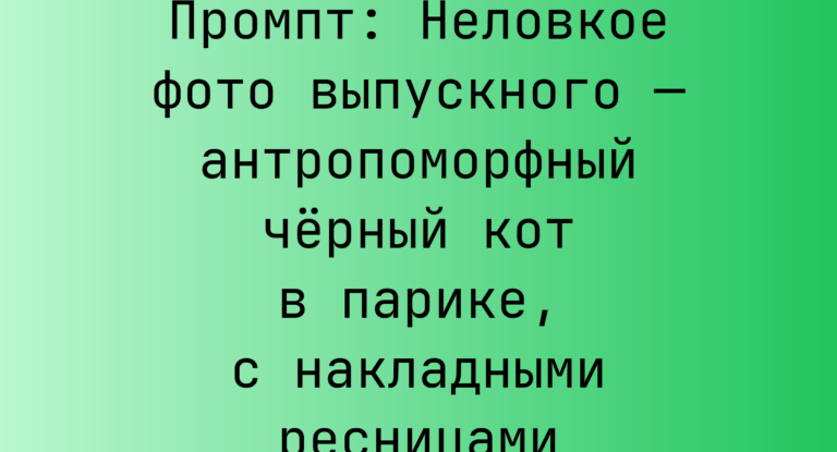Промпт: Неловкое фото выпускного — антропоморфный черный кот в парике, с накладными ресницами
