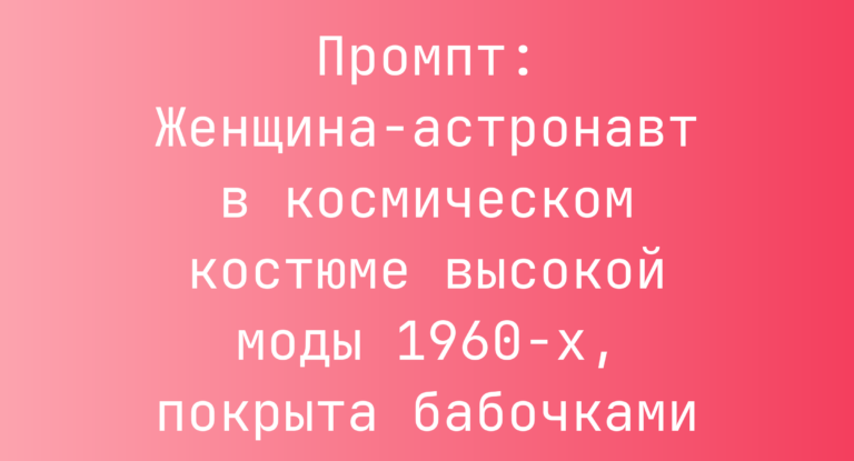 Промпт: Женщина-астронавт в космическом костюме высокой моды 1960-х, покрыта бабочками