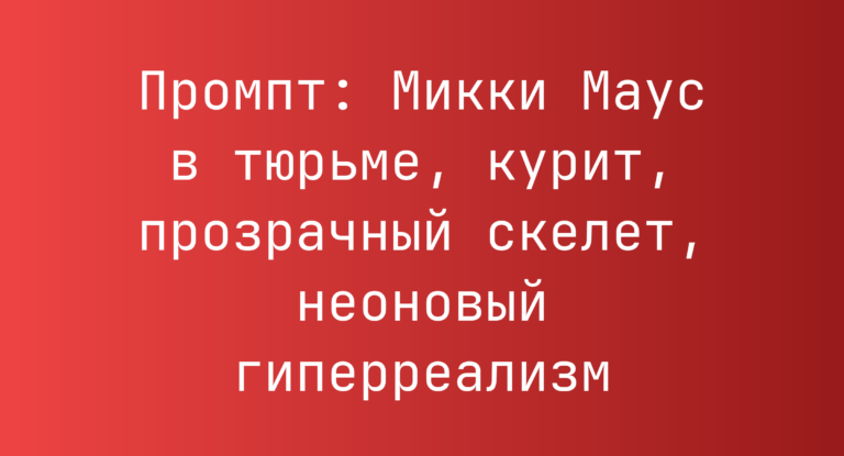 Промпт: Микки Маус в тюрьме, курит, прозрачный скелет, неоновый гиперреализм