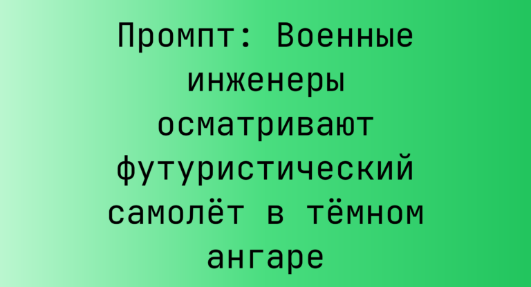 Промпт: Военные инженеры осматривают футуристический самолет в темном ангаре