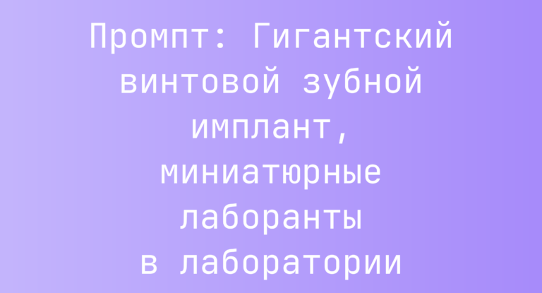 Промпт: Гигантский винтовой зубной имплант, миниатюрные лаборанты в лаборатории